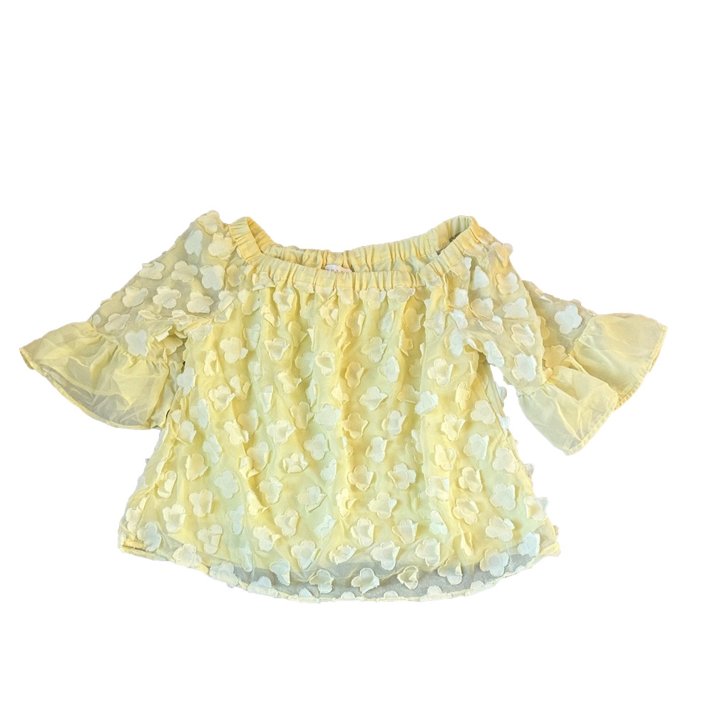 Adiva Yellow Off Shoulder Top Size S Floral Textured Bell Sleeve Blouse